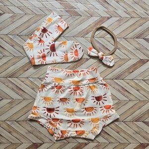Boho Sun Print Baby Girl 3-Piece Set High Waisted Bummies Matching Bow Headband